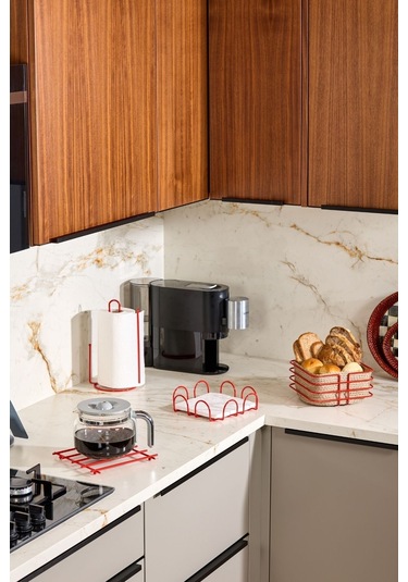 4'lü Kırmızı Servis Sunum Seti, Peçetelik, Kağıt Havluluk, Kare Ekmeklik, Nihale - Metal