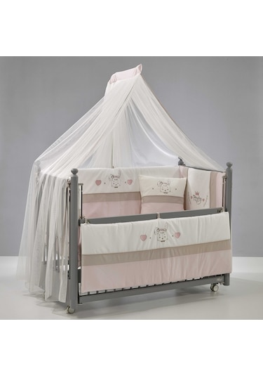 Meltem Kids Mondo Sallanır Ahşap Anne Yanı Beşik - 60x120 CM ( Gri - Pretty) Pembe