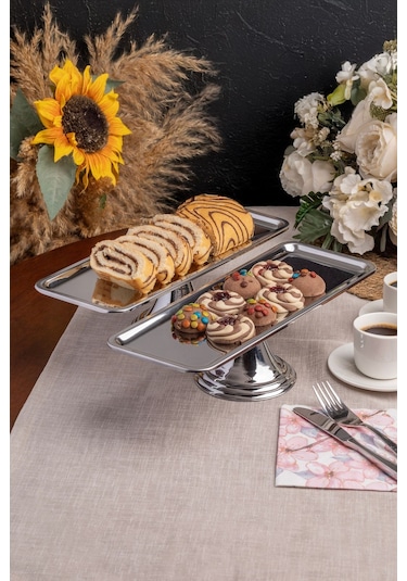 2'li Gümüş Dikdörtgen, Ayaklı Şık Kek, Pasta, Kurabiye Ve Tatlı Servis Sunum Standı Gümüş