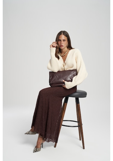 Veylia Uzun Bordo Dantel Etek Bordo