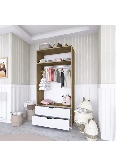 90 Cm Açık Ceviz-beyaz 2 Kapılı 2 Çekmeceli Elbise Dolabı - Gardırop Açık Ceviz & Beyaz