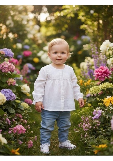 Kız Bebek Pamuklu Hakim Yaka Dokuma Gömlek-16357 Beyaz