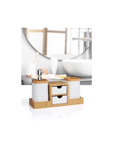 Okyanus Home Beyaz Bambu Çekmeceli Sıvı Sabunluk Ve Diş Fırçalıklı Banyo Organizeri Beyaz Ahşap