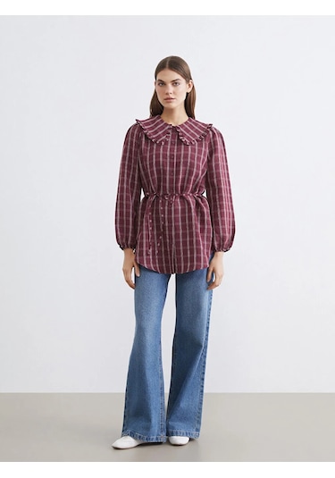 LC Waikiki Bordo Bebe Yaka Ekose Kadın Gömlek Tunik