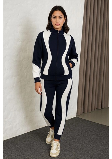 Kadın Premium Parçalı Eşofman Takım - Dik Yaka Fermuarlı Sweatshirt - Siyah Çok Renkli