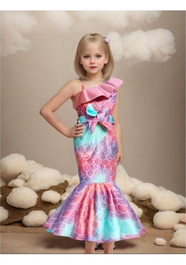 Deniz Kızı Desenli Volanlı Elbise Çok Renkli