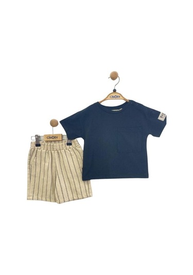 Çikoby Erkek Bebek Pamuklu Tshirt Çizgili Şortlu Takım-13913 Siyah