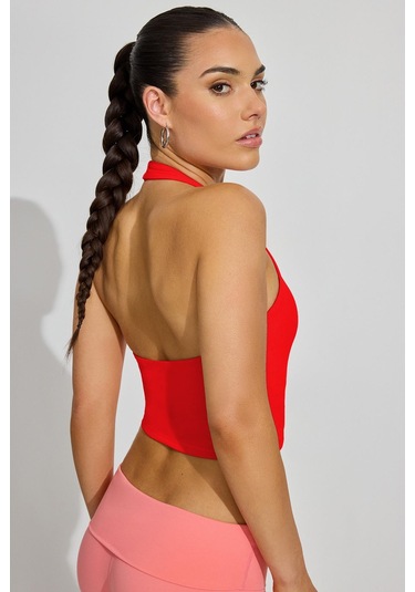 Madmext Kırmızı Halter Yaka Boyun Askılı Crop Top Mg2456 Kırmızı