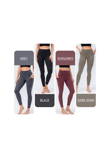 Skycity Kadınlar İçin Cep Detaylı Yüksek Bel Yoga Taytı - Koşu, Bisiklet Ve Spor Aktiviteleri İçin Koyu Haki