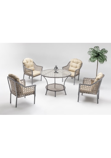 Zen Masalı Çay Seti Bahçe Ve Balkon Mobilyası Takımı 1+1+1+1+ Çap 110 Masa ,çift Renk Krem