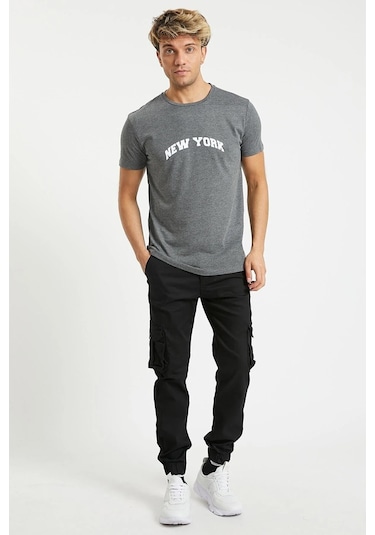 Erkek Kargo Jogger Pantolon Rahat Kesim Lastikli Paça Siyah