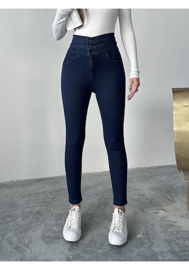 Kadın 3 Kemerli Yüksek Bel Kot Dar Paça Pantolon Lacivert