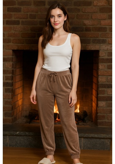 Kadın Paçası Lastikli Cep Detaylı Kadife Kumaş Tek Alt 503 Vizon Vizon