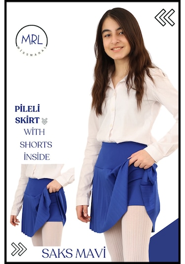 Kız Çocuk Mavi Pileli Etek Yüksek Bel Içi Şortlu Dalgıç Kumaş Okul-oyun-spor- Etkinlik 4103 Mavi