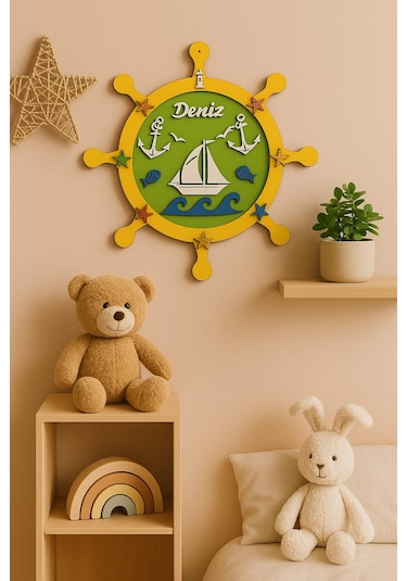 Çocuk Odası Kapı Veya Duvar Süsü Kişiye Özel İsim Yazılı No:1002 Yeşil - Sarı