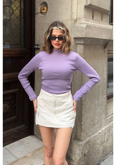 Saks Yarım Balıkçı Şardonlu Fitilli Bluz Lila