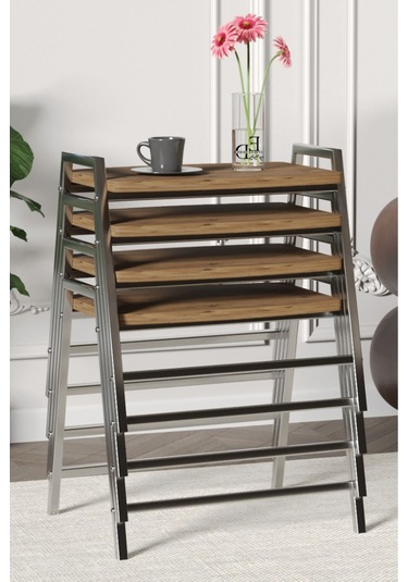 Zigon Sehpa , Aden 4'lü Tepsi Zigon Sehpa Takımı Gümüş Metal - Atlantik Çam Tabla Gümüş-atlantik Çam