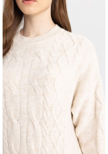 DeFacto Regular Fit Bisiklet Yaka Saç Örgülü Basic Düz Uzun Kollu Maxi Triko Elbise Y2073AZ24WNER218 Ekru