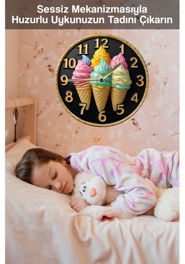 Renkli Dondurma Külahlı Mdf Duvar Saati 3d Görünümlü, Sessiz Mekanizmalı, 2d Hd Baskı Sdw241 Renkli