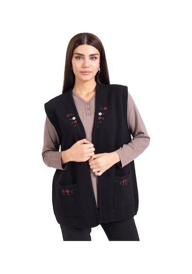 Kadın Orta Yaş ve Üzeri Triko Örgü Düğmesiz Kanaviçe Desen Nakışlı Anne Yelek 310-siyah - L Füme