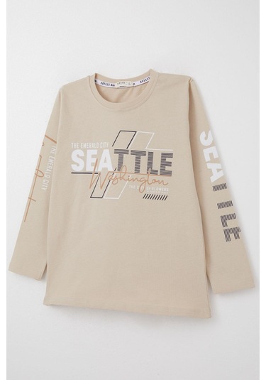 Breeze Erkek Çocuk Uzun Kollu Tişört Renkli Yazı Baskılı 6-12 Yaş, Bej Bej