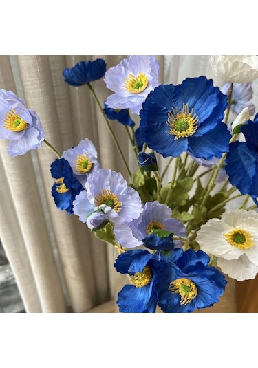 Yapay Çiçek Gelincik Çiçeği Mavi Koyu Renk 3 Çiçek 1 Tomurcuk 59cm