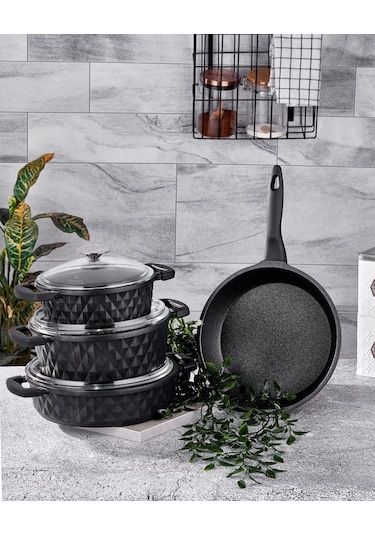 Taç Carabella Döküm 7 Parça Cam Kapak Tencere Seti Siyah