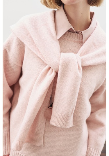 Kare Yaka Bağlamalı Triko Atkı Pembe Pembe