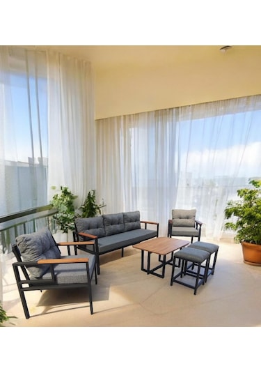 Pielize Bahçe Ve Balkon Mobilyası Gri 3+1+1, Sehpa Ve 2 Puflu Gri
