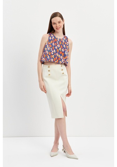 Stella Pulvis Krem Düğme Detaylı Kalem Etek Krem