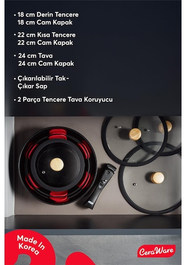 Ceraware Hona Daily 9 Parça Tak Çıkar Saplı Iç Içe Geçebilen Seramik Yapışmaz Tencere Tava Seti Siyah