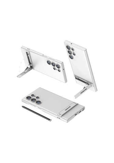 Kilifone - Samsung Uyumlu Galaxy S24 Ultra - Kılıf Kamera Korumalı Dikey Standlı Ays Kapak - Gümüş