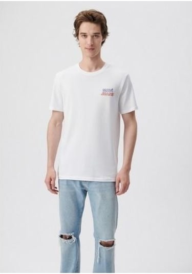 Mavi M066841-620 Beyaz Erkek Mavi Baskılı T-shirt Beyaz