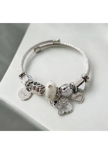 Kadın Çelik Charm Bileklik Bilezik Fil Figürlü Ekru Çelik