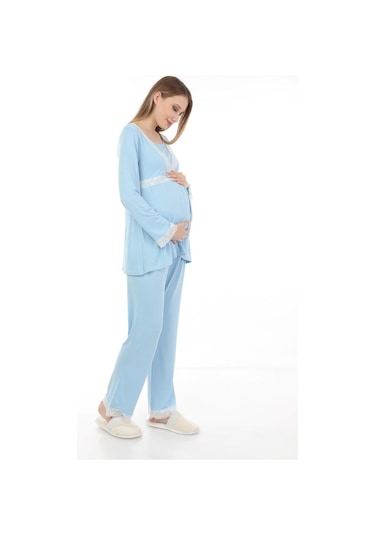 Luvmabelly Myra9707 Dantelli Emzirme Hamile Pijama Takımı -mavi-mavi