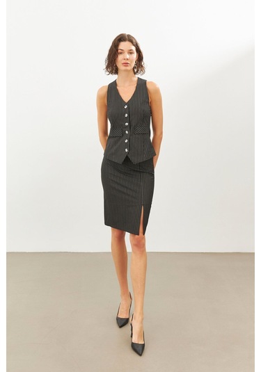 Stella Pulvis Siyah Simli Yırtmaçlı Mini Kalem Etek Siyah