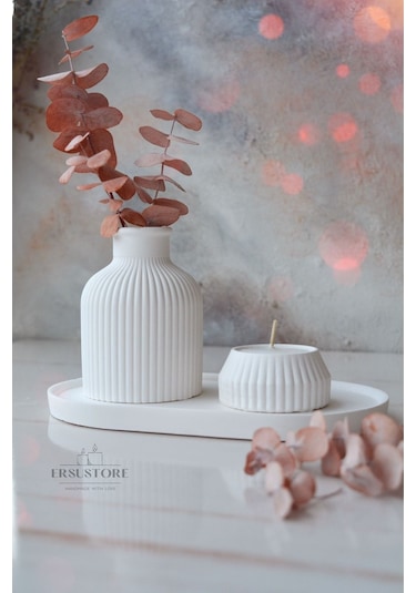 Beyaz Renk 3 Parça Tealight Vazo Tepsi Seti 001