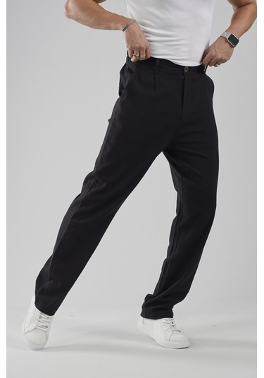 Baggy Fit Kalıp Pamuklu Keten Pantolon Siyah