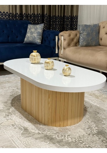 Oval Model 120x60 Cm Doğal Ayak Kalın Kenarlı Orta Sehpa Ahşap Ayaklı Doğal