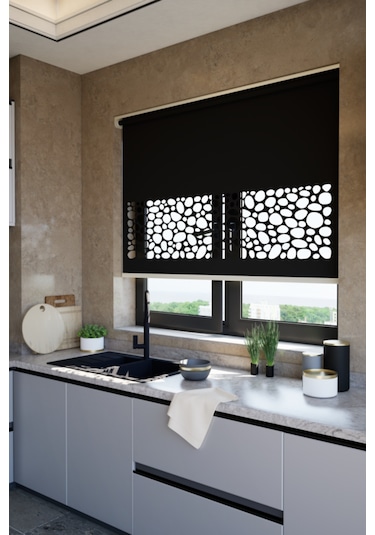 Lazer Kesim Mat Stor Perde, Lazer Kesimli Klasik Serisi, C-121008 Siyah Renk