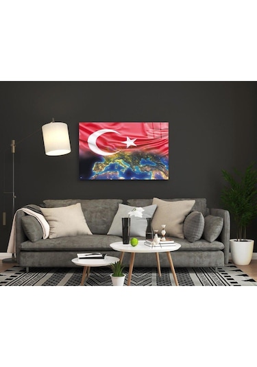 Türk Bayrağı Ve Dünya Haritası Cam Tablo