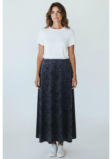 Kadın Beli Lastikli Desenli Sekiz Parça Balık Etek Lacivert