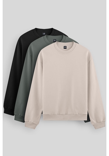 Standart Fit Basic O Yaka 3lü Paket Siyah-bej-çağla Erkek Sweatshirt 88053 Siyah-bej-çağla