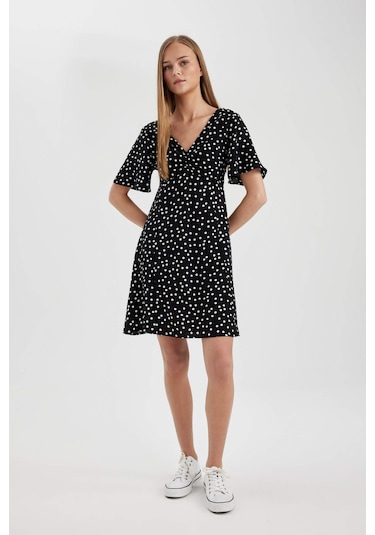 Defacto V Yaka Puantiyeli Maroken Mini Kısa Kollu Elbise B0127AX24SPBK27