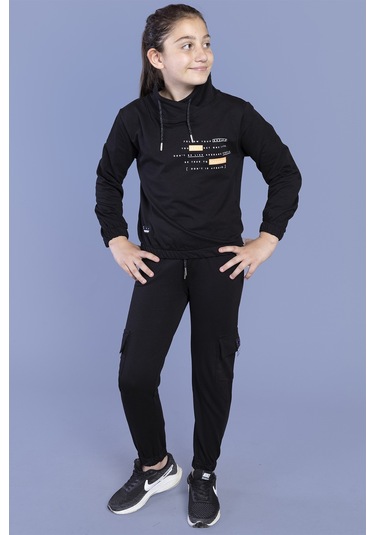 Toontoy Kız Çocuk Baskılı Balıkçı Yaka Eşofman Takımı Siyah