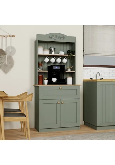 Lucas 2 Kapaklı Çekmeceli Kahve Köşesi Ve Çok Amaçlı Mutfak Dolabı - Açık Ceviz & Yeşil Yeşil