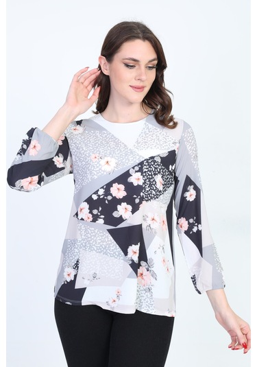 Ella Camelia Kadın Uzun Kollu Çiçek Desenli Bluz 18E081 Gri