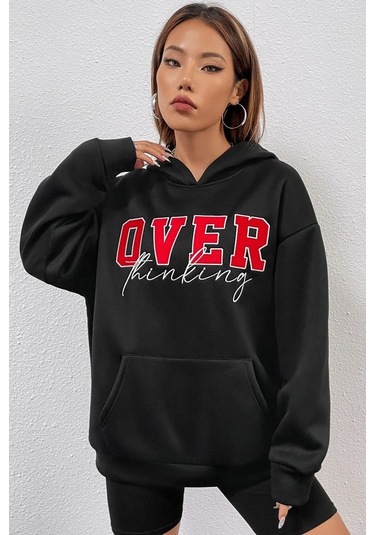 Over Thinking Baskılı Sweatshirt Siyah
