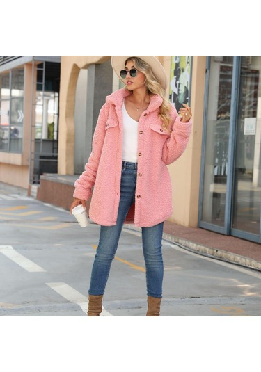 Sonbahar Ve Kış Kadın Ceket Yaka Uzun Kollu Gevşek Düğmeler Sahte Cepler Demir Olmayan Uzun Peluş Ceket Kayısı Açık Bej
