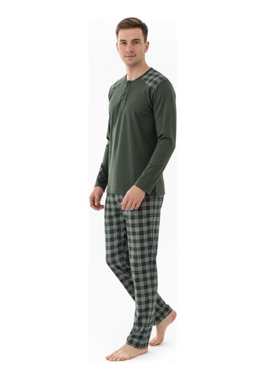Erkek İnterlok Rahat Kalıp Sıfır Yaka Pamuk Pijama Takımı 6779 Haki